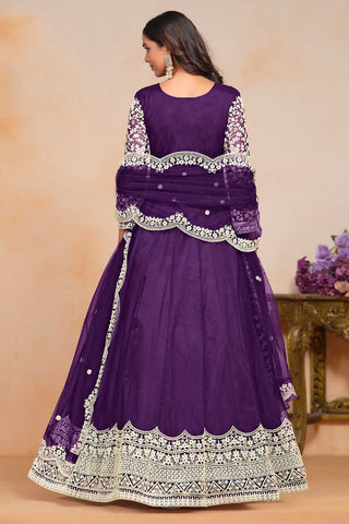 Engaging Purple Color Net Fabric Embroidered Anarkali Suit