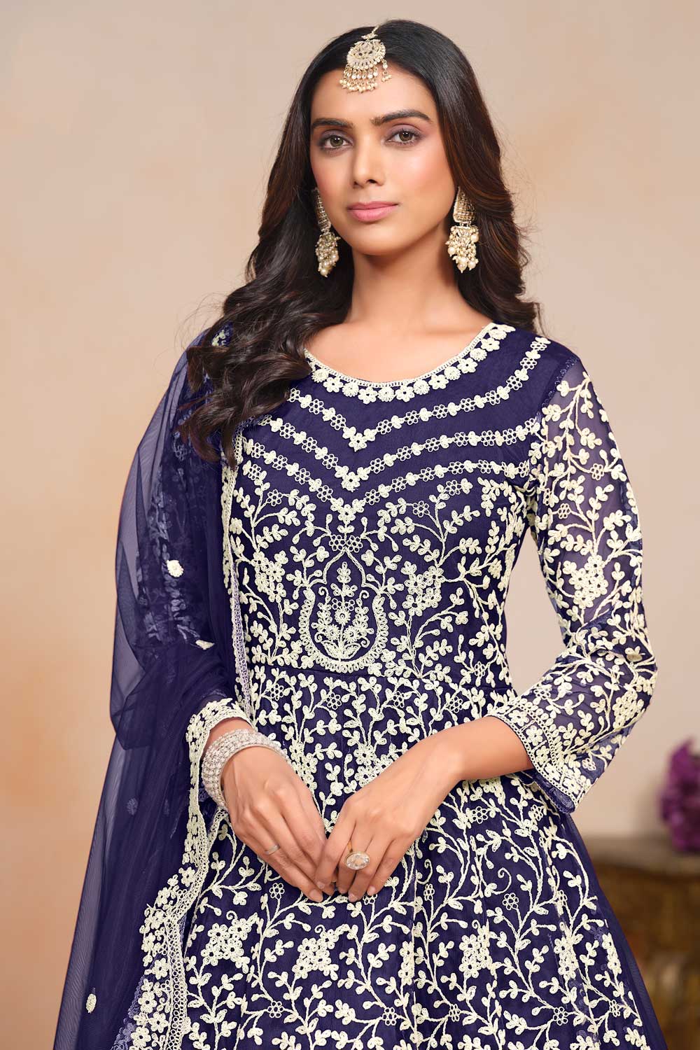 Classic Navy Blue Color Embroidered Anarkali Suit In Net Fabric