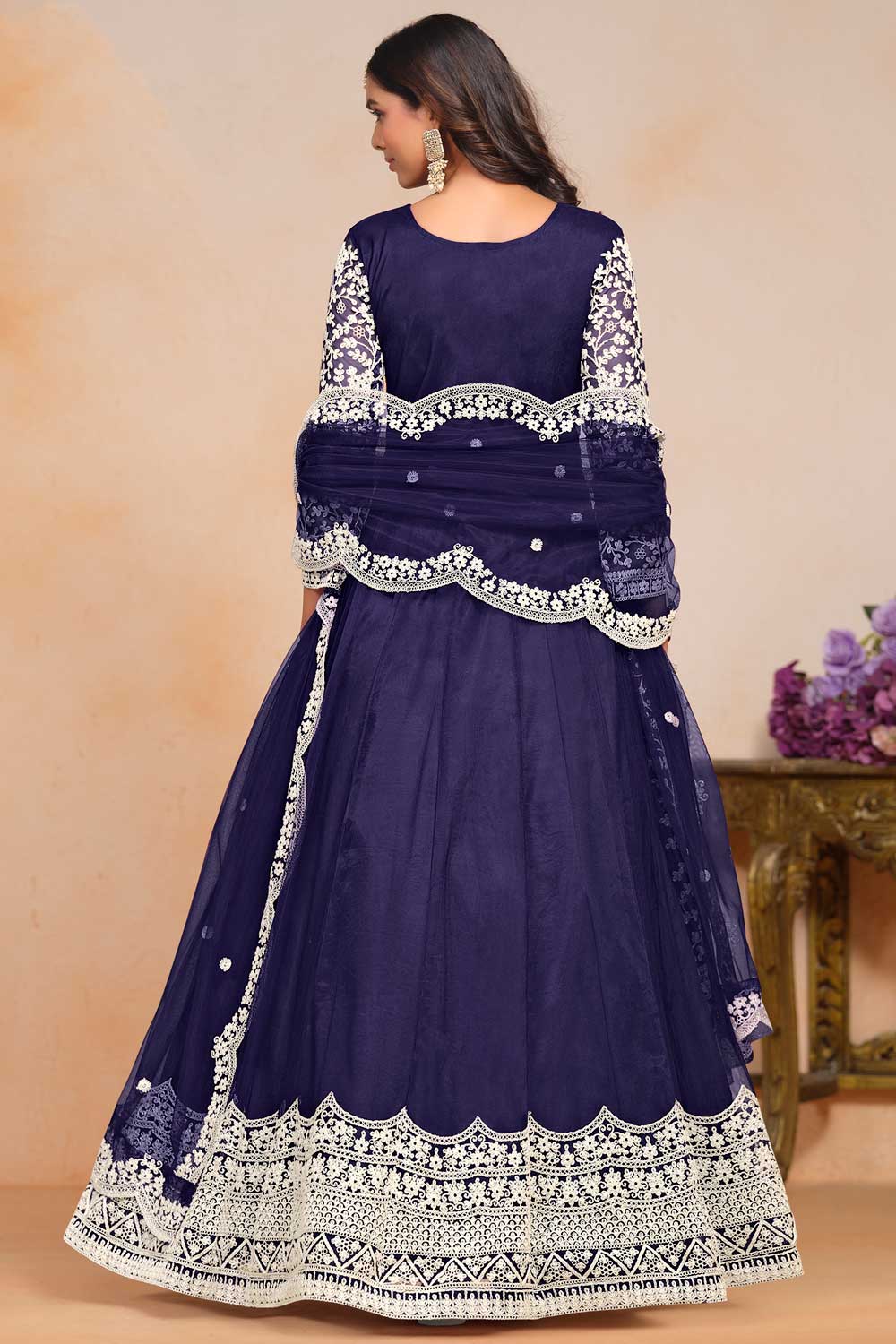 Classic Navy Blue Color Embroidered Anarkali Suit In Net Fabric