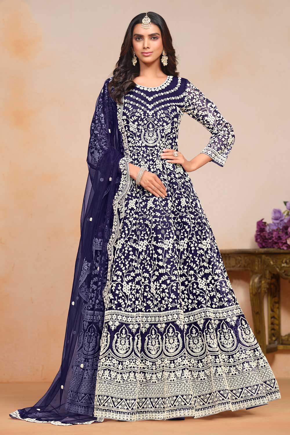 Classic Navy Blue Color Embroidered Anarkali Suit In Net Fabric