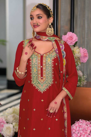 Captivating Readymade Palazzo Suit In Red Color