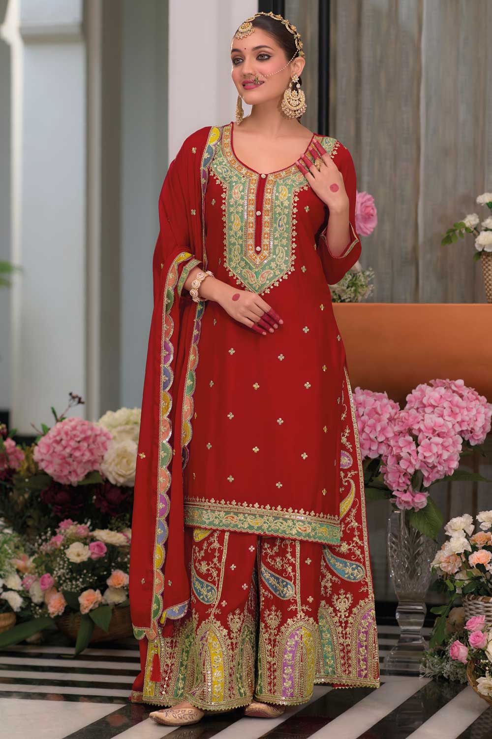 Captivating Readymade Palazzo Suit In Red Color