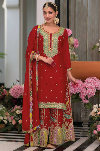 Captivating Readymade Palazzo Suit In Red Color