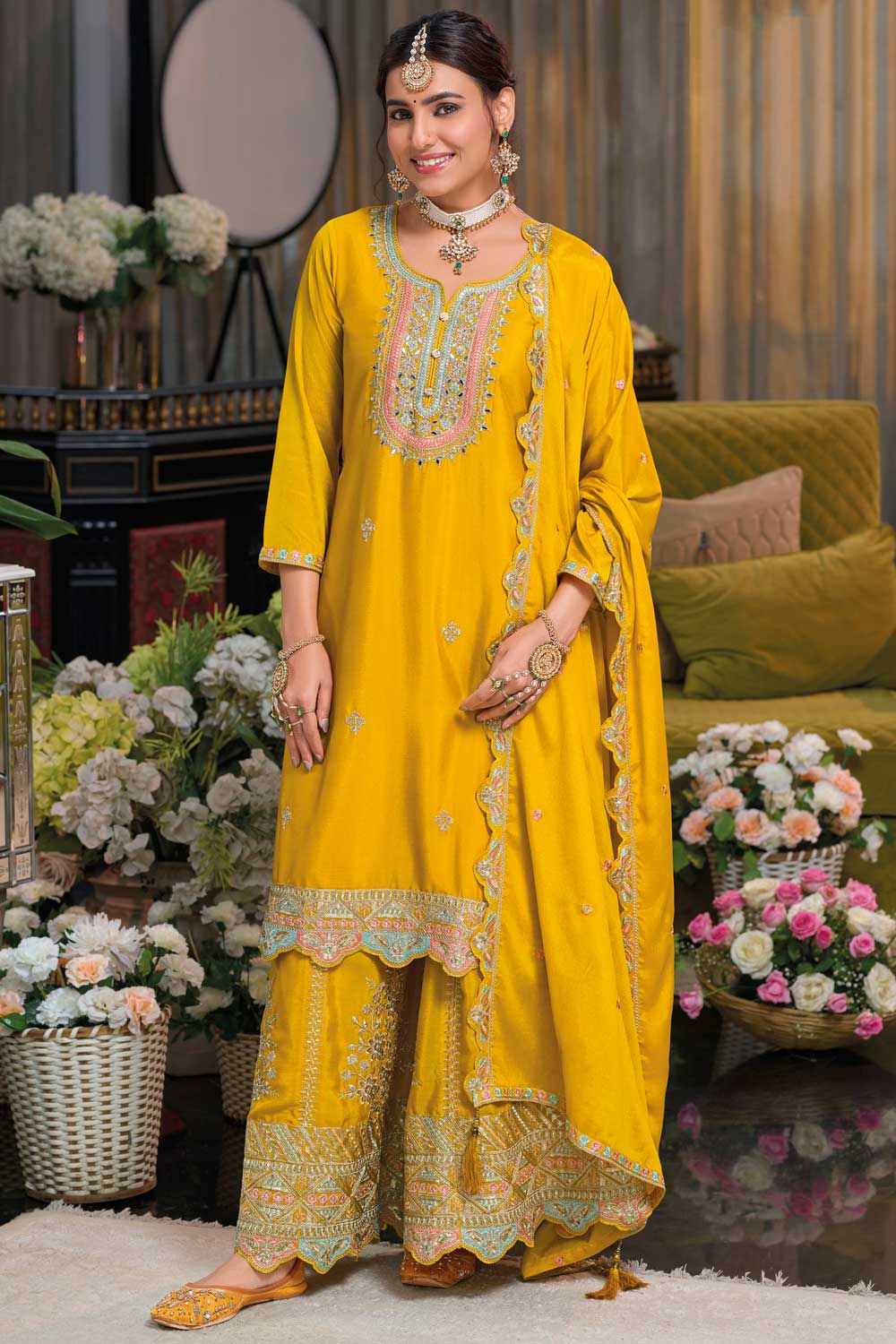 Graceful Function Wear Yellow Color Chinon Palazzo Suit