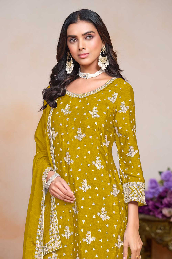 Engaging Mustard Color Chinon Festive Wear Palazzo Suit