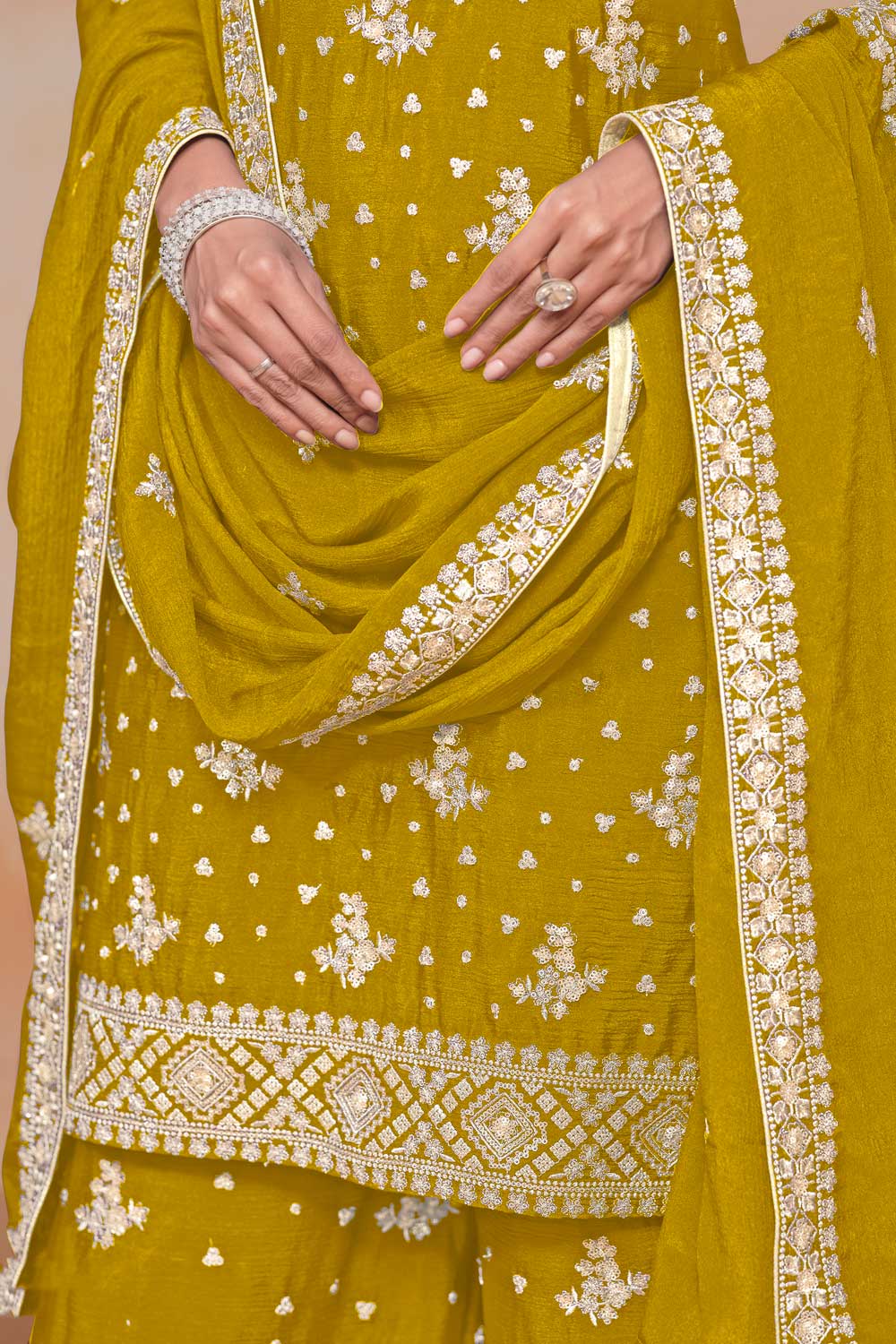 Engaging Mustard Color Chinon Festive Wear Palazzo Suit