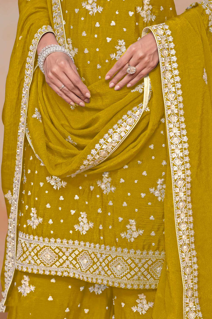 Engaging Mustard Color Chinon Festive Wear Palazzo Suit