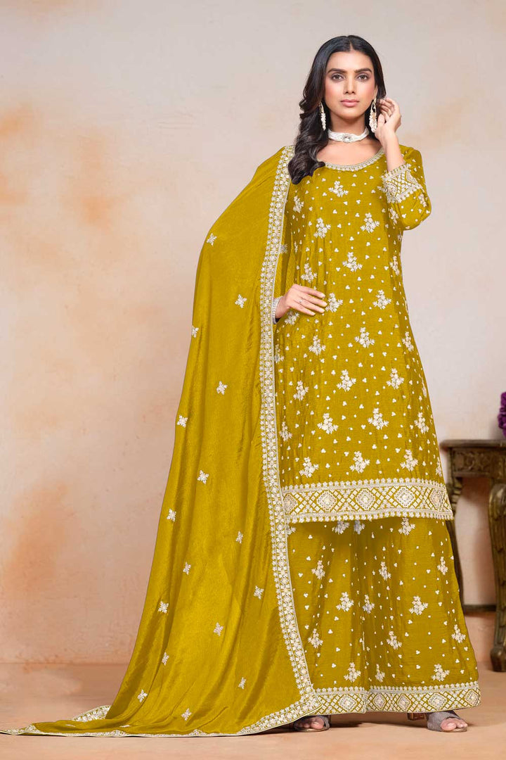 Engaging Mustard Color Chinon Festive Wear Palazzo Suit