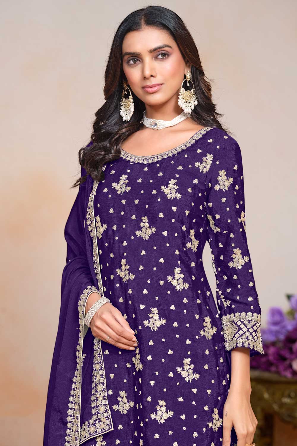 Classic Purple Color Festive Wear Palazzo Suit In Chinon Fabric