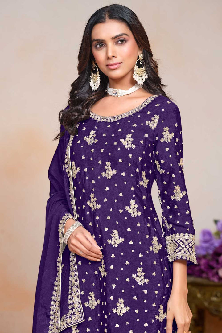 Classic Purple Color Festive Wear Palazzo Suit In Chinon Fabric