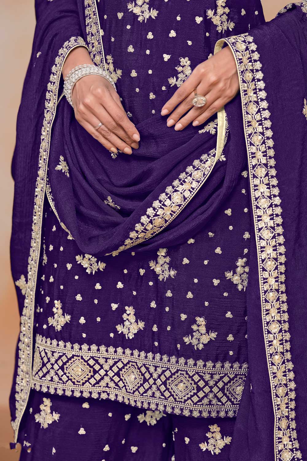 Classic Purple Color Festive Wear Palazzo Suit In Chinon Fabric
