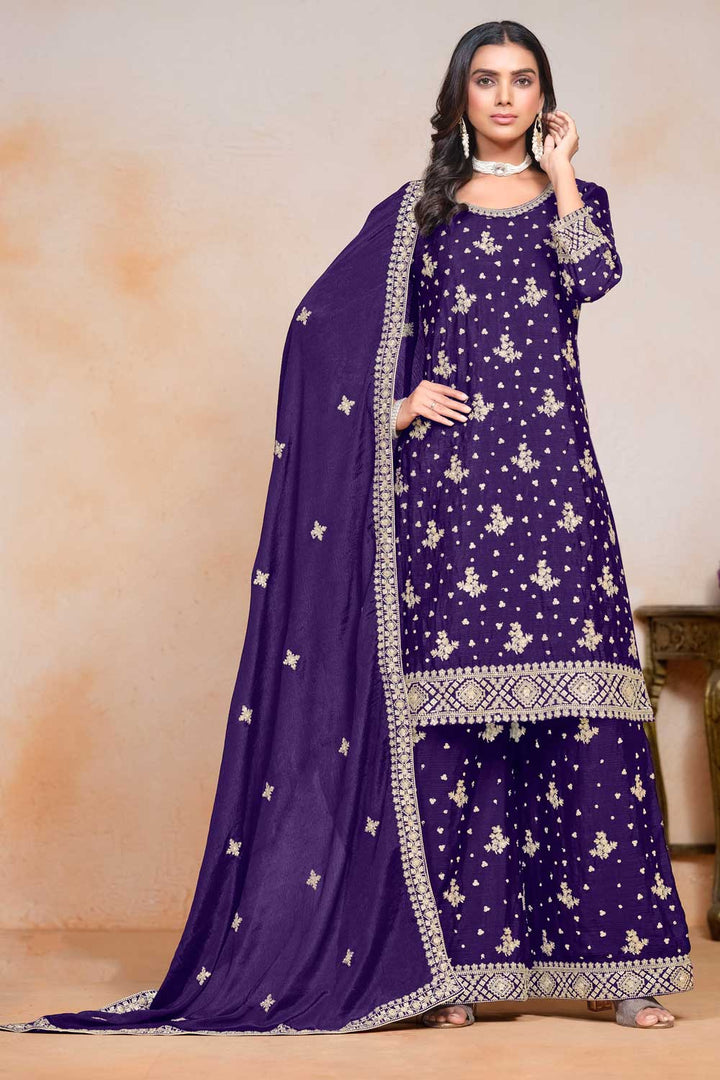 Classic Purple Color Festive Wear Palazzo Suit In Chinon Fabric