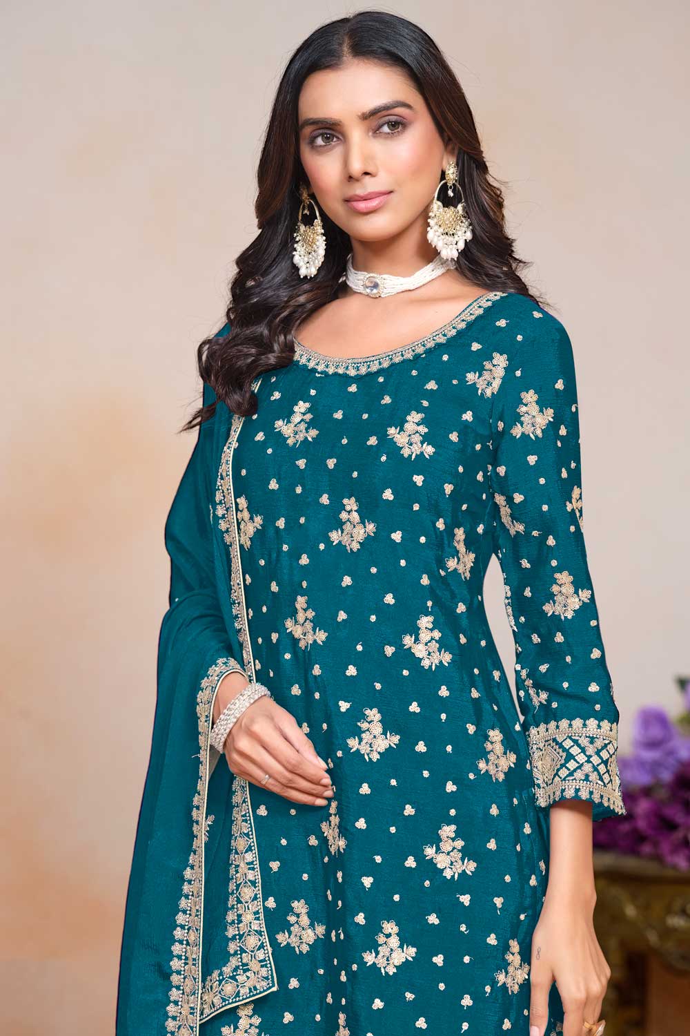 Chinon Teal Color Festive Wear Trendy Palazzo Suit