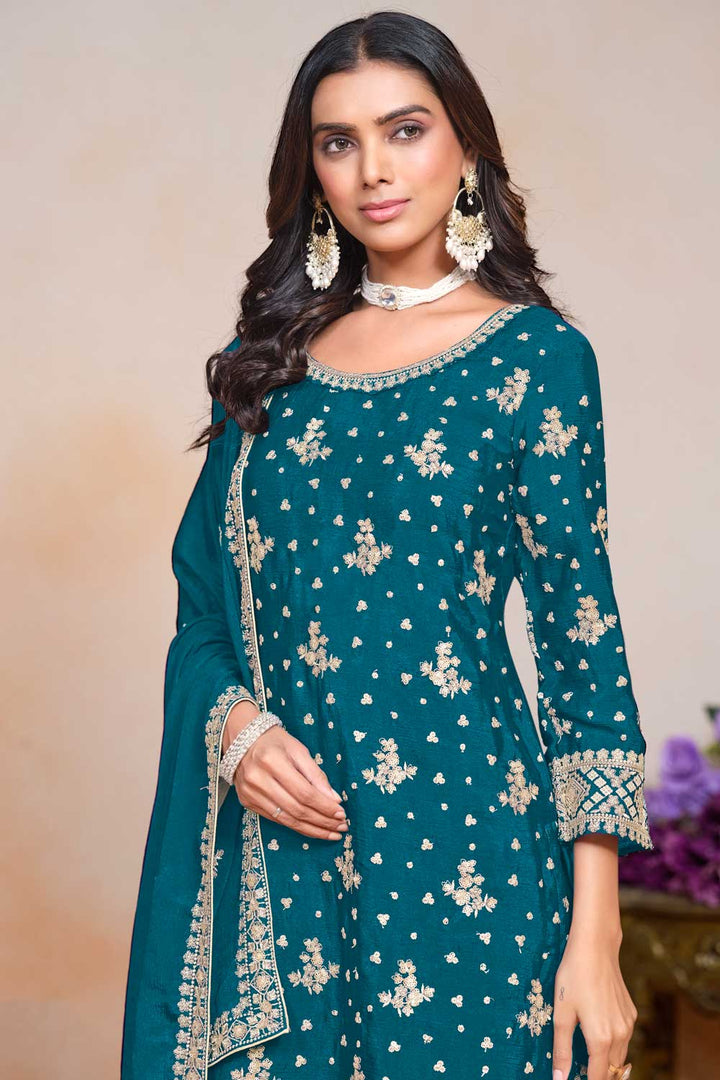 Chinon Teal Color Festive Wear Trendy Palazzo Suit