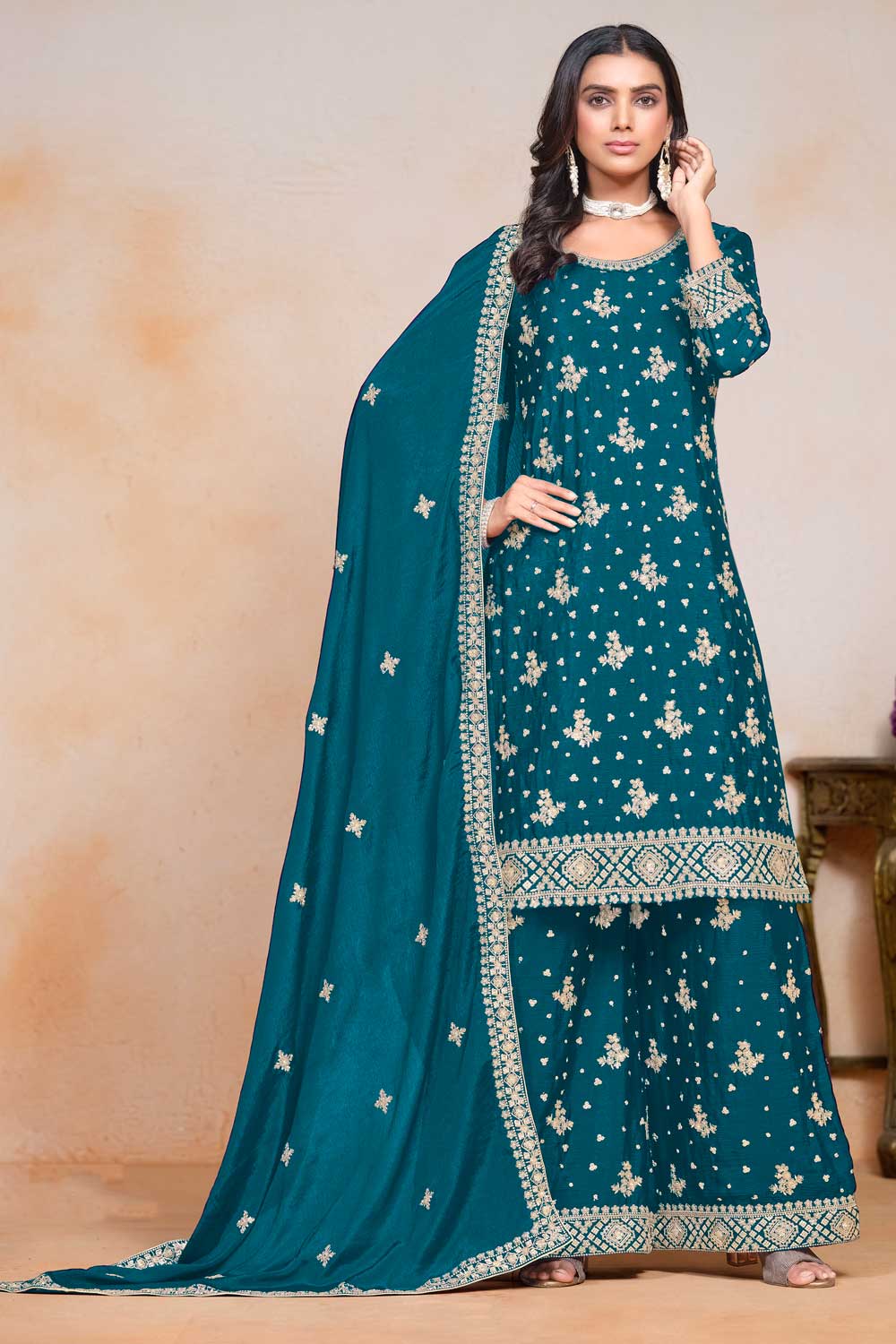 Chinon Teal Color Festive Wear Trendy Palazzo Suit