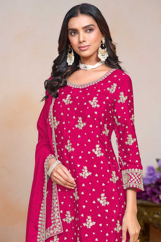 Creative Festive Wear Chinon Palazzo Suit In Rani Color