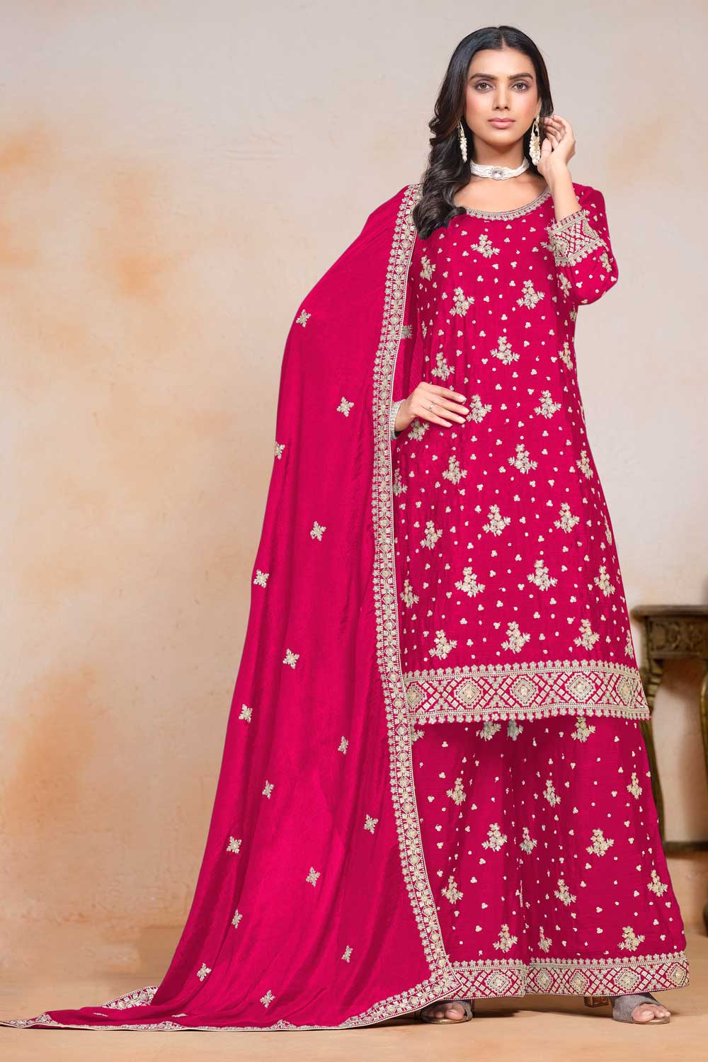 Creative Festive Wear Chinon Palazzo Suit In Rani Color