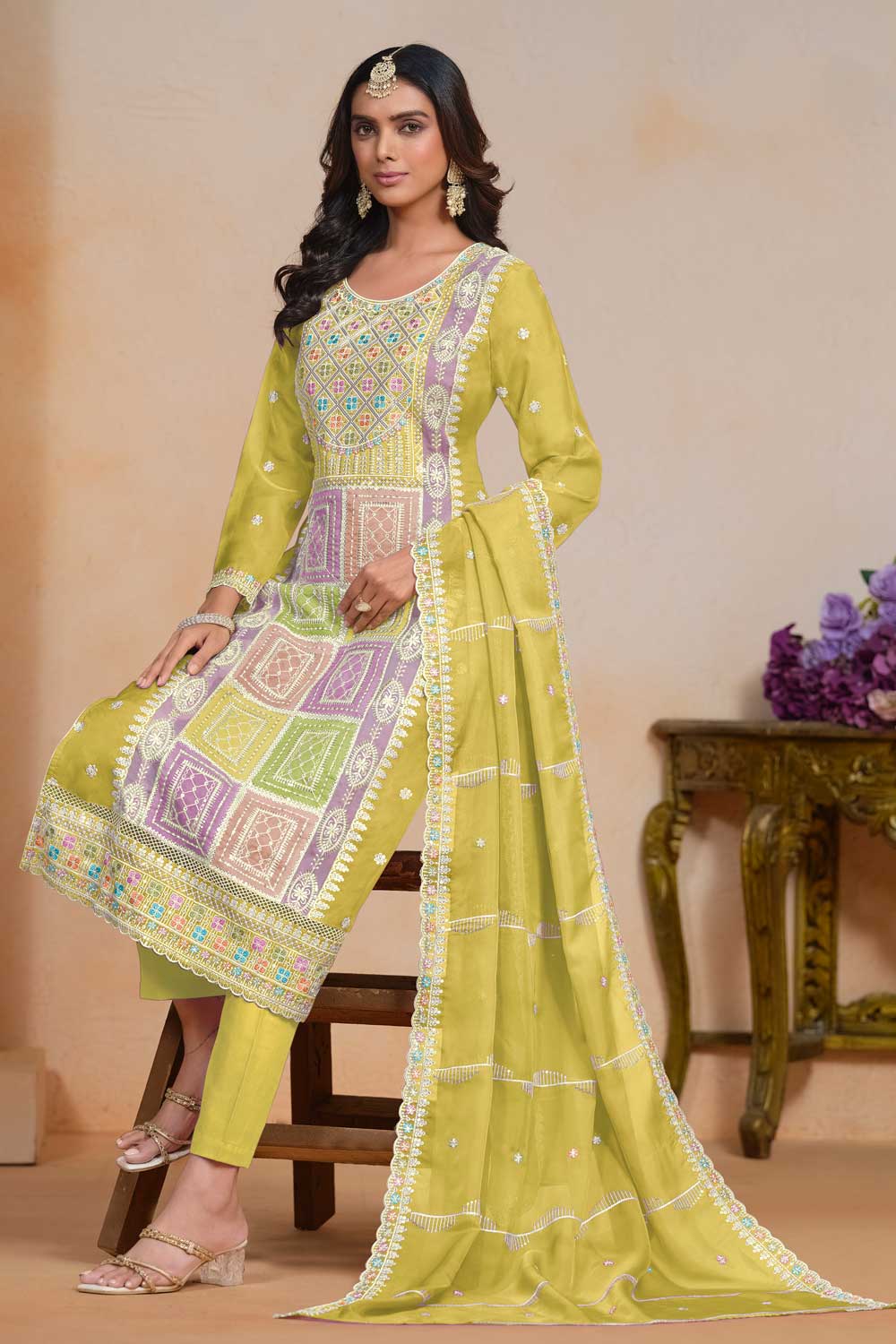 Fascinating Yellow Color Organza Fabric Salwar Suit