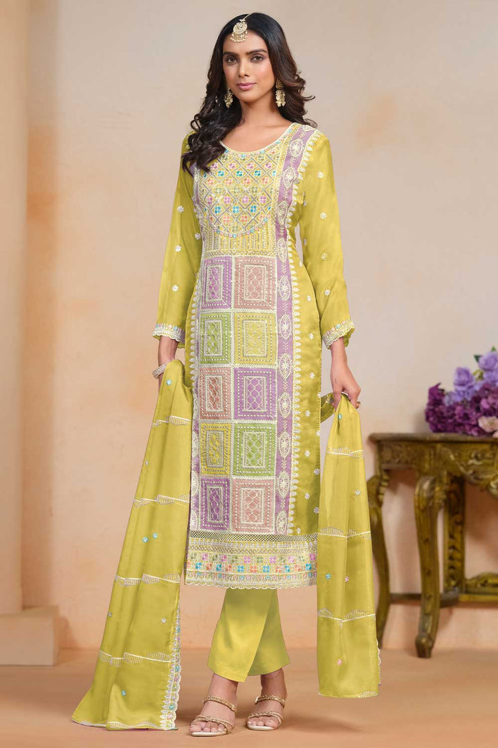 Fascinating Yellow Color Organza Fabric Salwar Suit