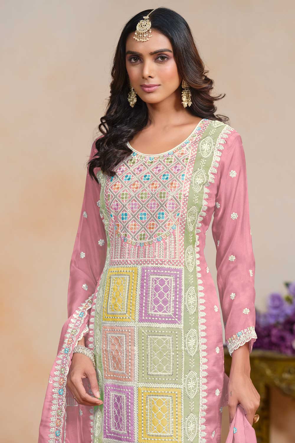 Organza Fabric Pink Color Excellent Salwar Suit