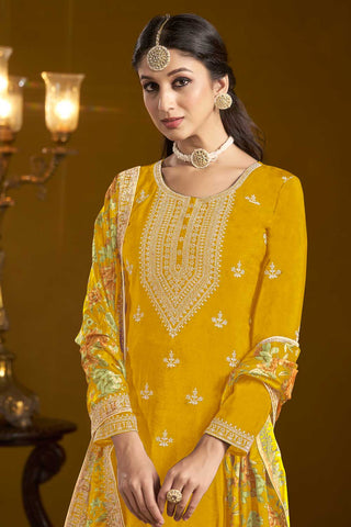 Engaging Yellow Color Chinon Fabric Sharara Suit For Function Wear