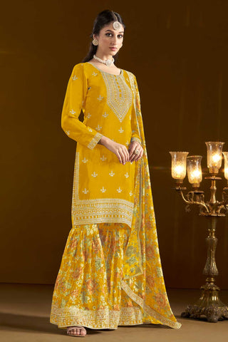 Engaging Yellow Color Chinon Fabric Sharara Suit For Function Wear