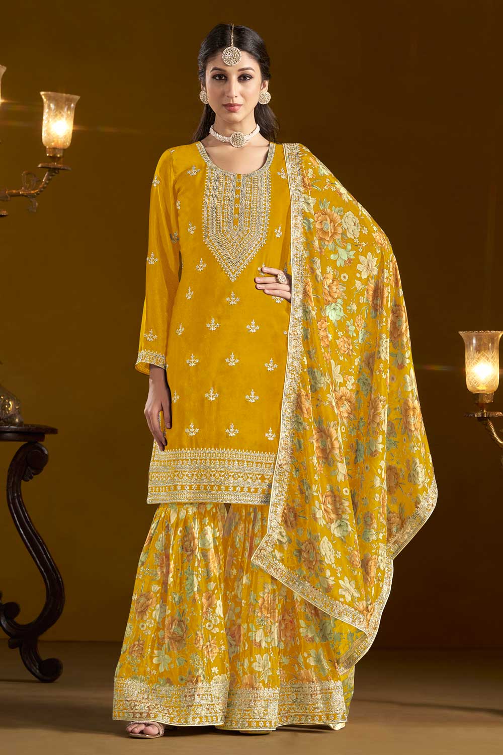 Engaging Yellow Color Chinon Fabric Sharara Suit For Function Wear