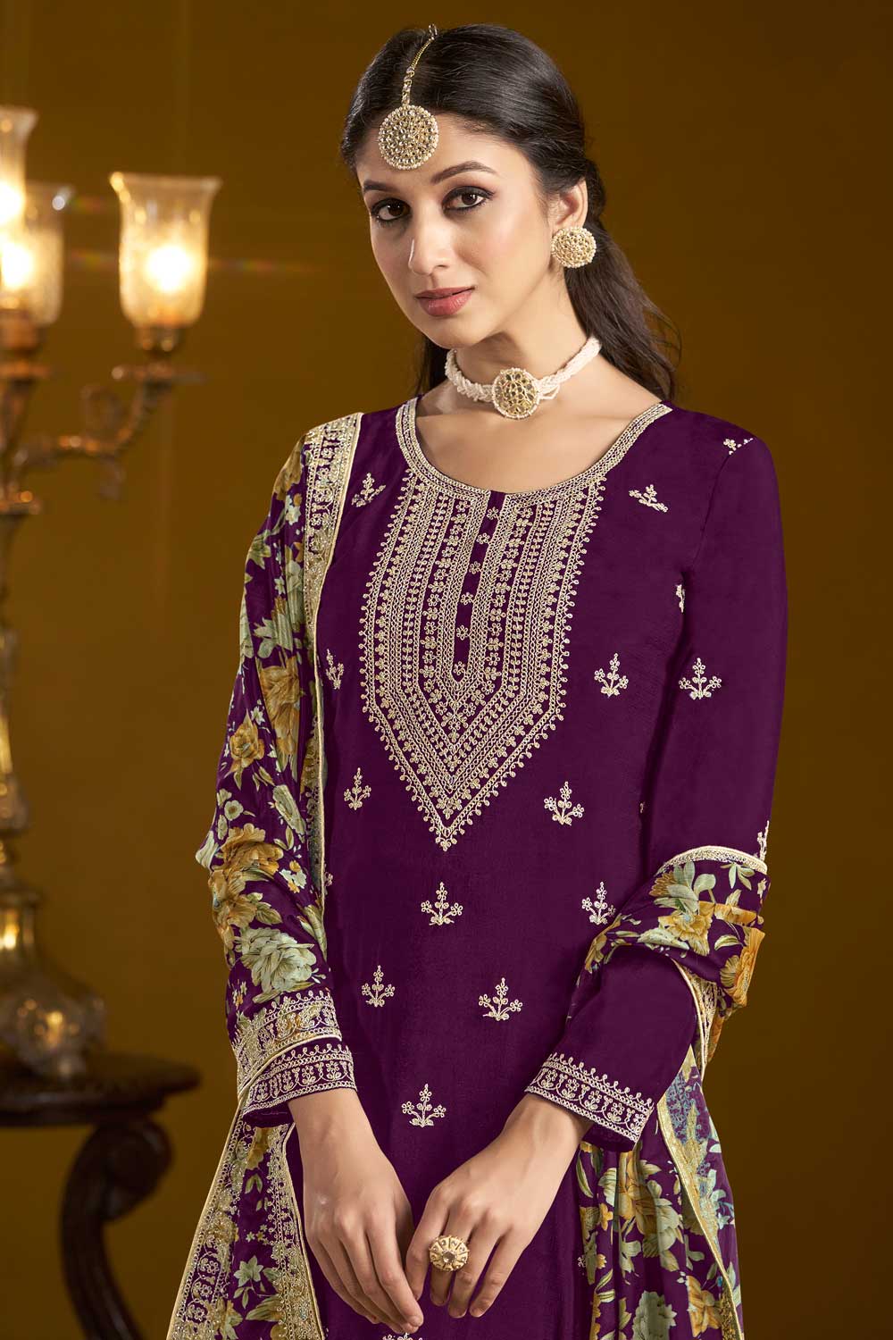Classic Purple Color Function Style Sharara Suit In Chinon Fabric