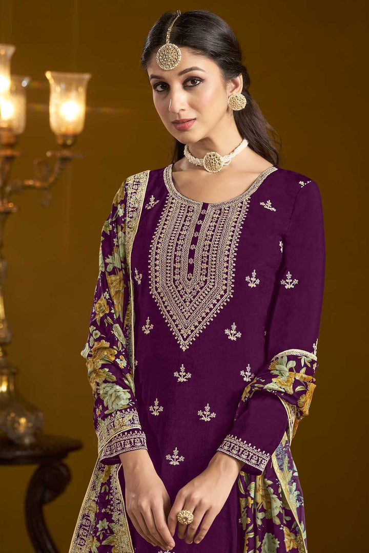 Classic Purple Color Function Style Sharara Suit In Chinon Fabric