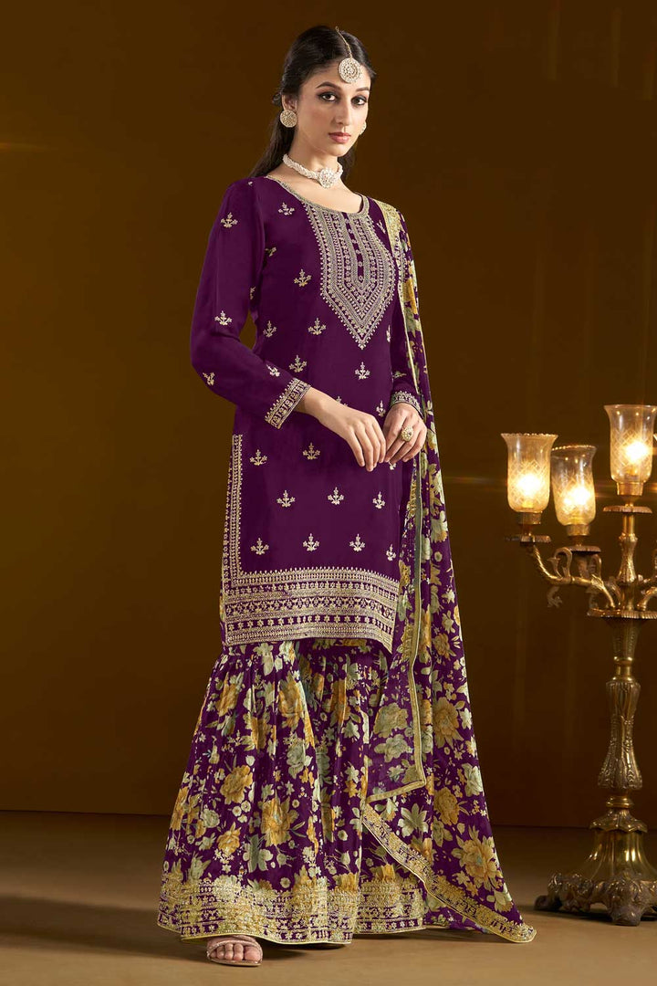 Classic Purple Color Function Style Sharara Suit In Chinon Fabric