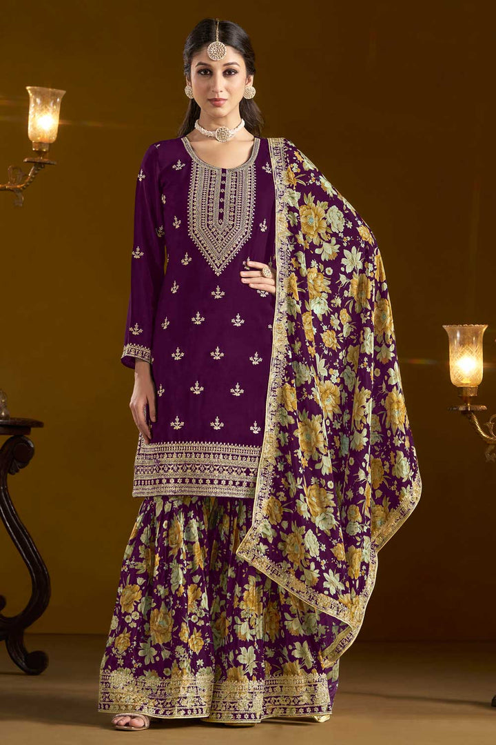 Classic Purple Color Function Style Sharara Suit In Chinon Fabric