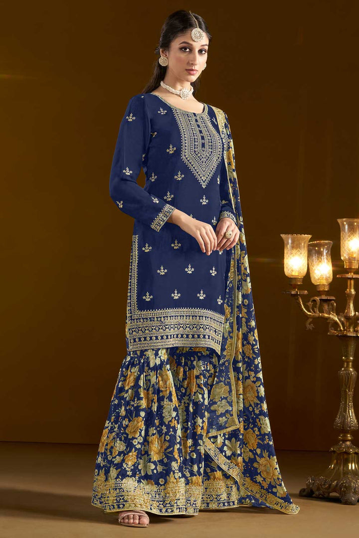 Chinon Fabric Blue Color Function Wear Trendy Sharara Suit