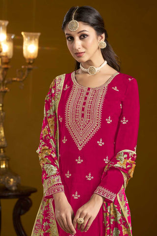 Creative Function Wear Chinon Fabric Sharara Suit In Rani Color