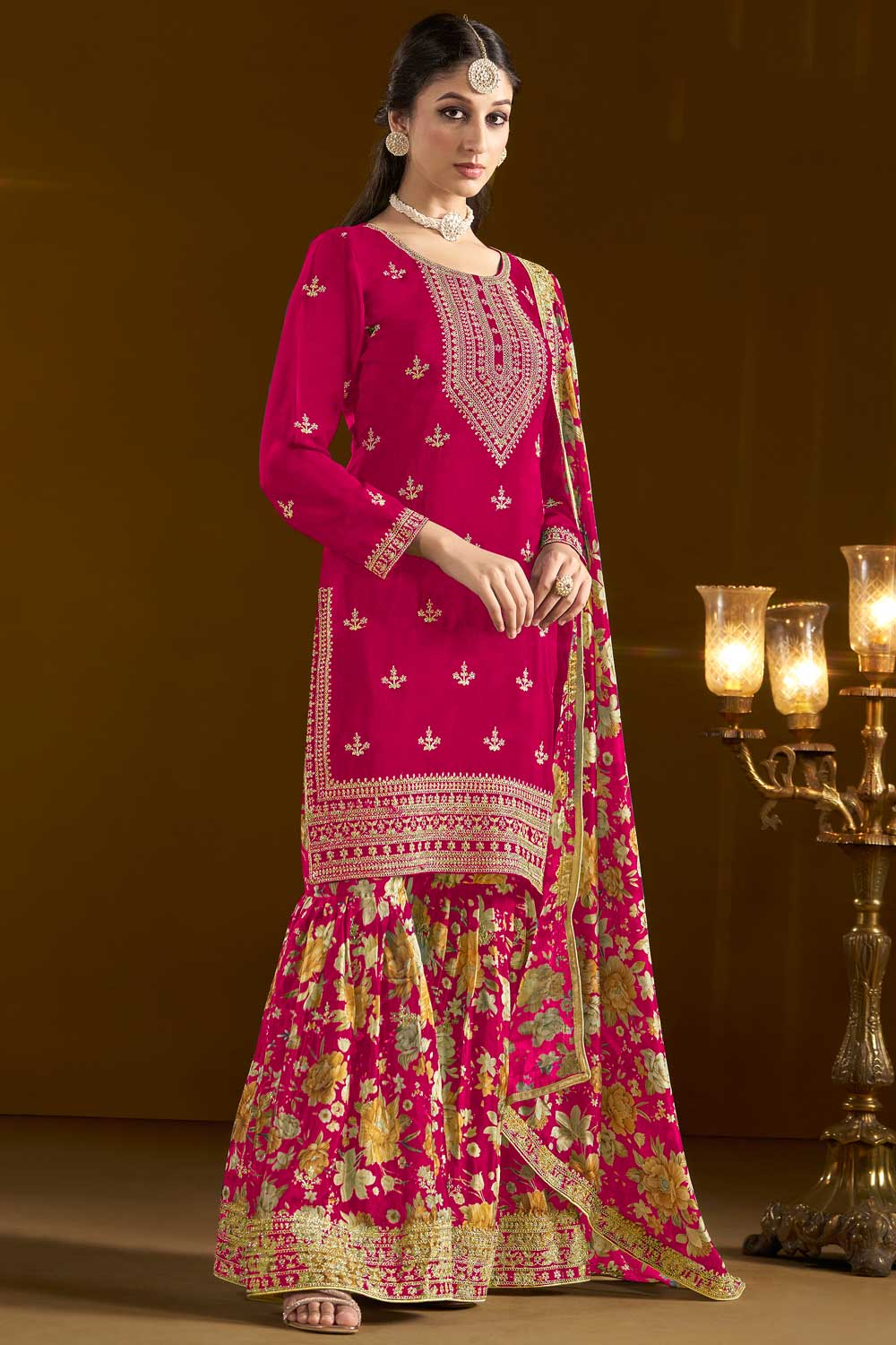 Creative Function Wear Chinon Fabric Sharara Suit In Rani Color