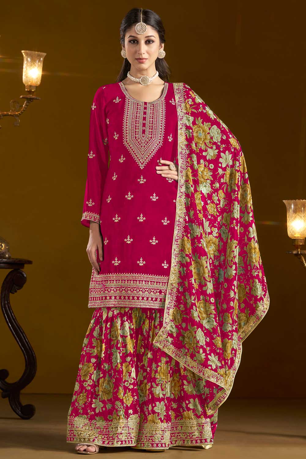 Creative Function Wear Chinon Fabric Sharara Suit In Rani Color