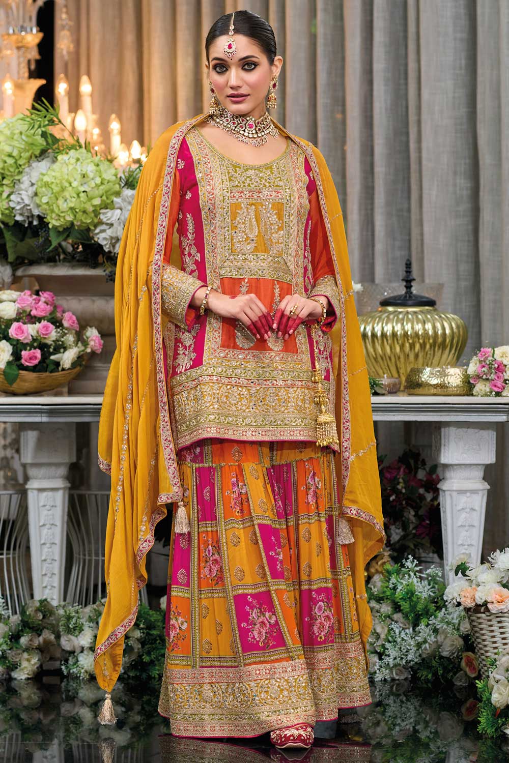 Fashionable Multi Color Chinon Fabric Readymade Sharara Suit