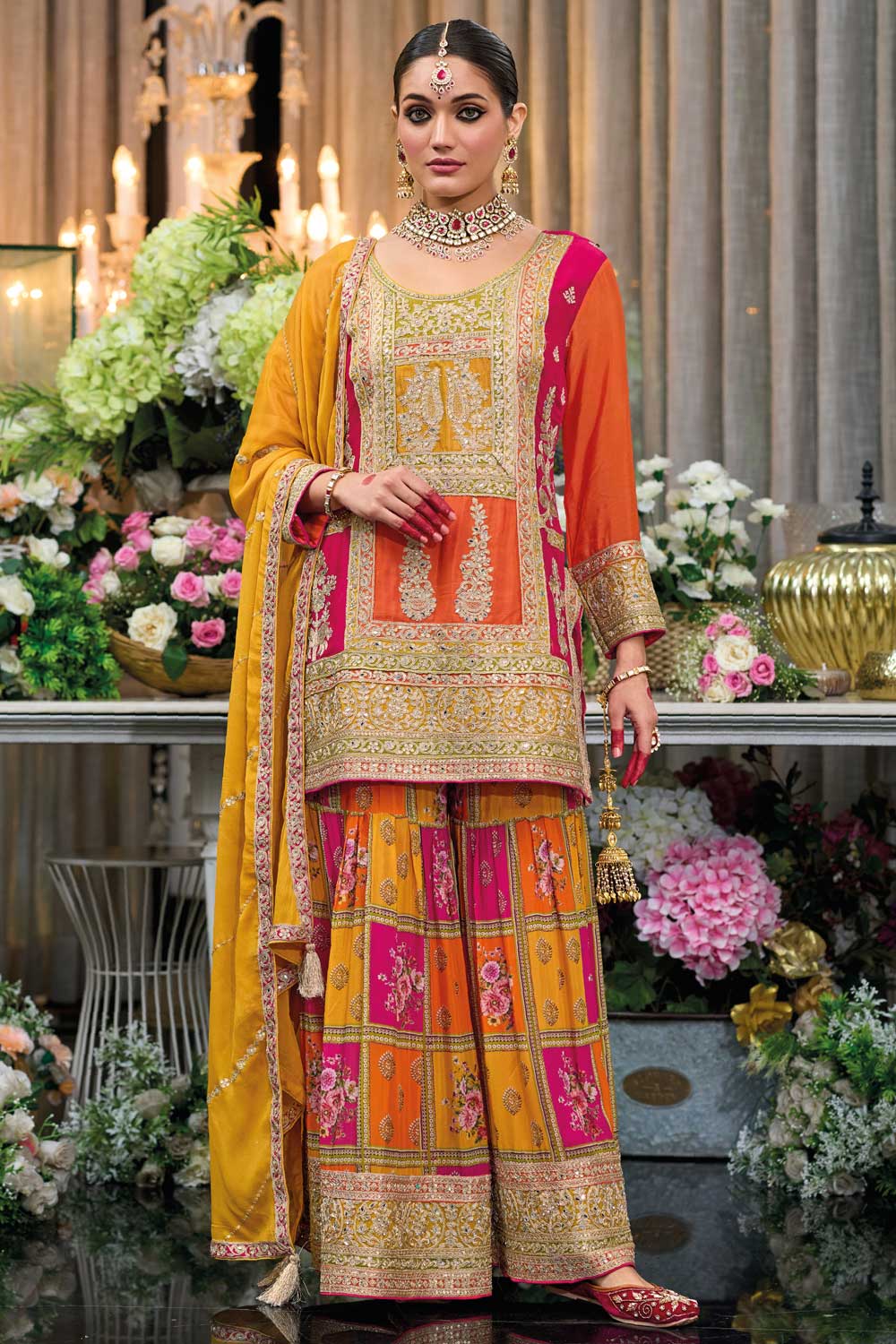 Fashionable Multi Color Chinon Fabric Readymade Sharara Suit