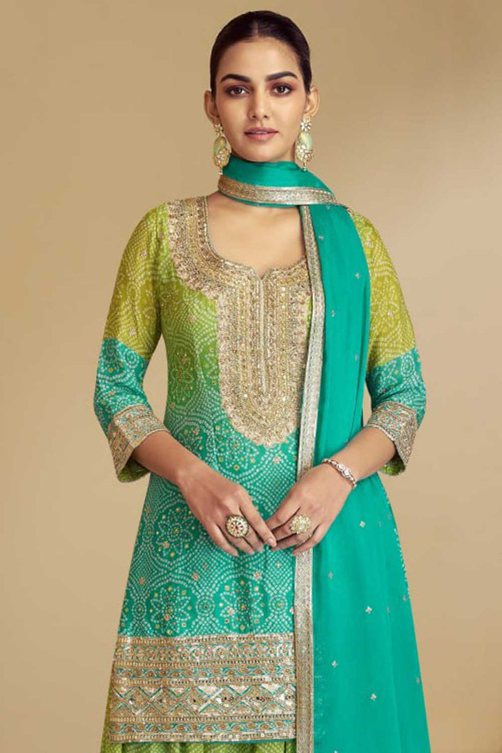 Chinon Fabric Sea Green Color Bandhani Printed Elegant Palazzo Suit