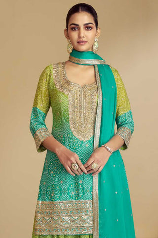 Chinon Fabric Sea Green Color Bandhani Printed Elegant Palazzo Suit