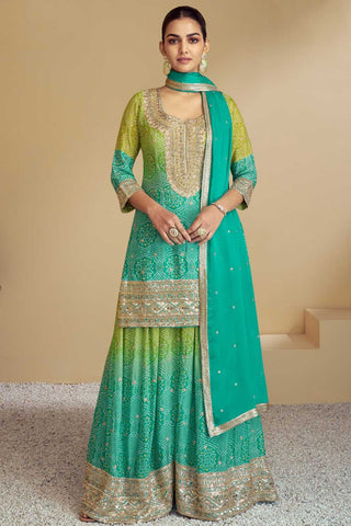 Chinon Fabric Sea Green Color Bandhani Printed Elegant Palazzo Suit