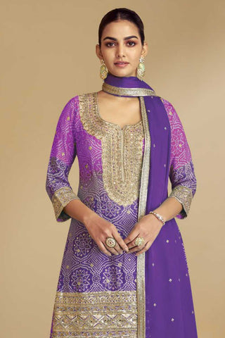 Purple Color Chinon Fabric Bandhani Printed Classic Palazzo Suit