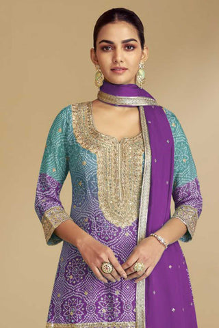 Chinon Fabric Bandhani Printed Lovely Palazzo Suit In Lavender Color