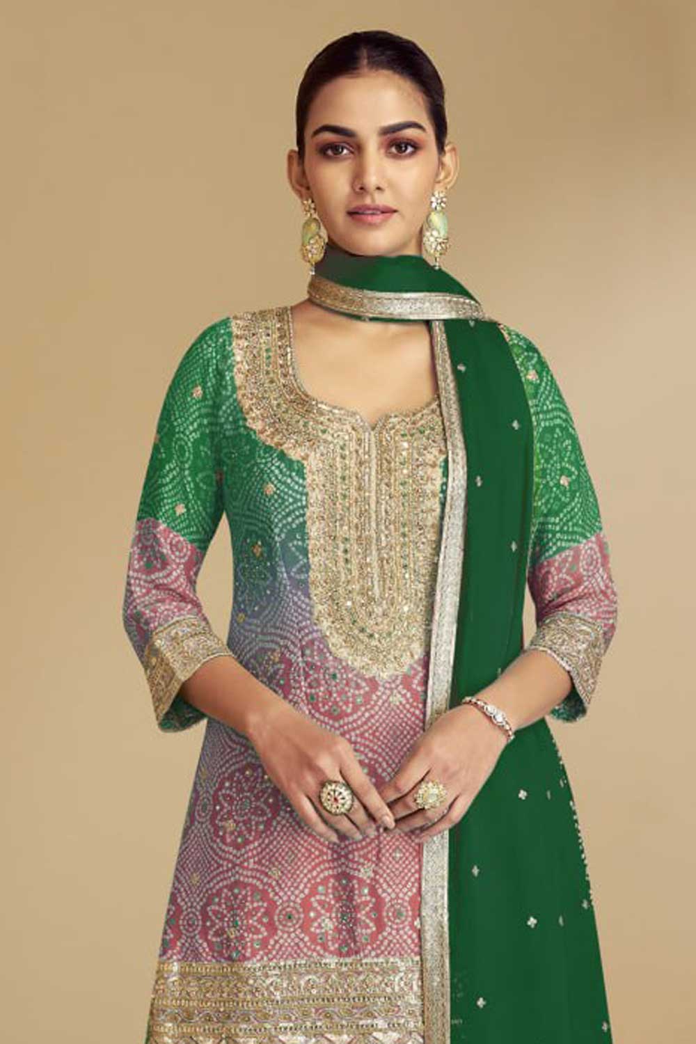 Bandhani Printed Green Color Fabulous Palazzo Suit In Chinon Fabric