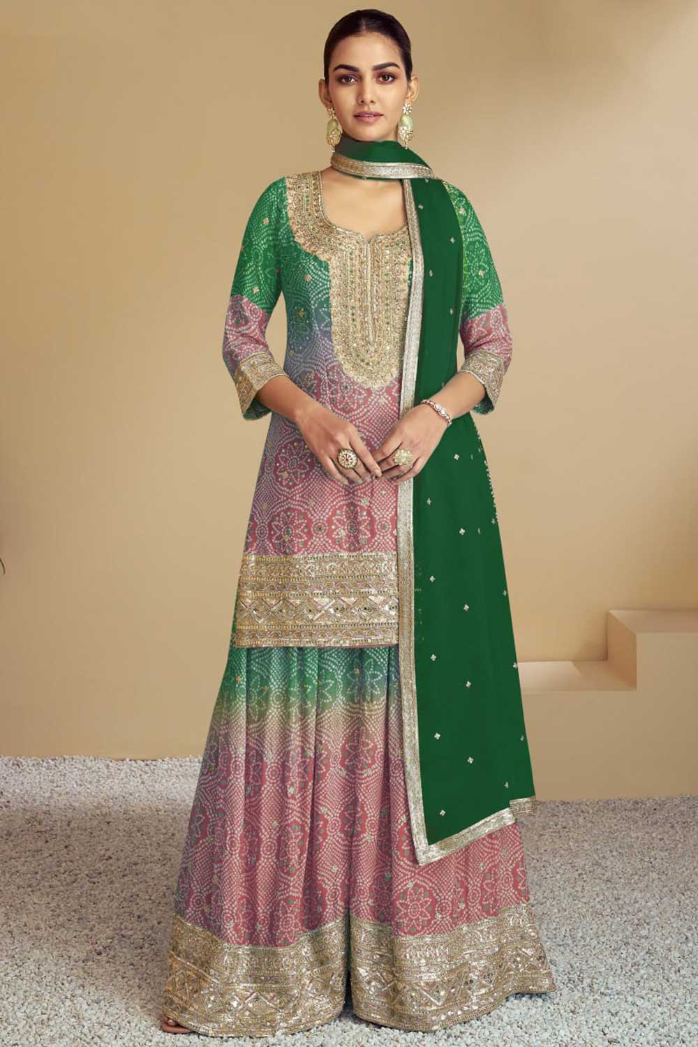 Bandhani Printed Green Color Fabulous Palazzo Suit In Chinon Fabric