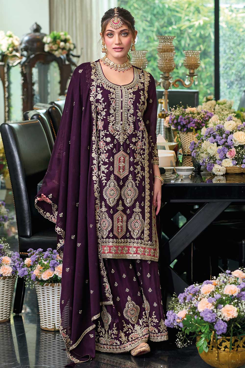 Purple Color Chinon Fabric Beautiful Readymade Palazzo Suit