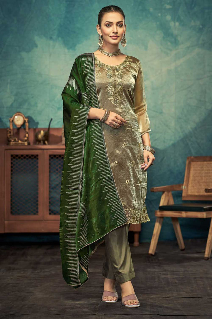 Tempting Fancy Fabric Olive Color Function Wear Salwar Suit
