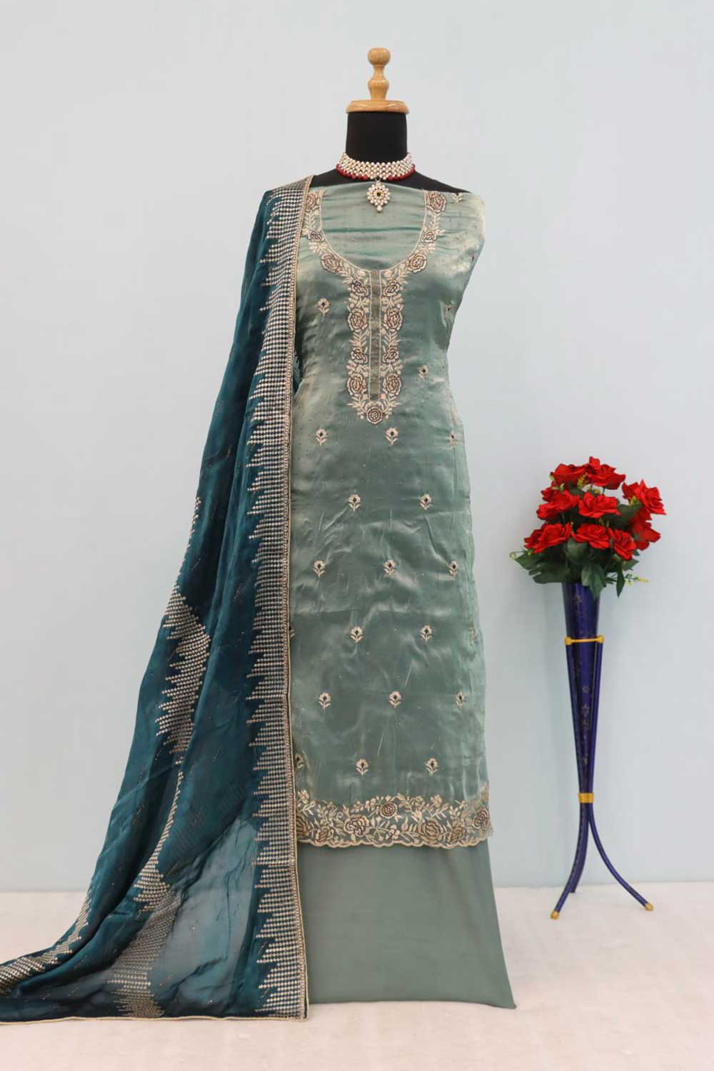 Classic Sea Green Color Function Wear Salwar Suit In Fancy Fabric