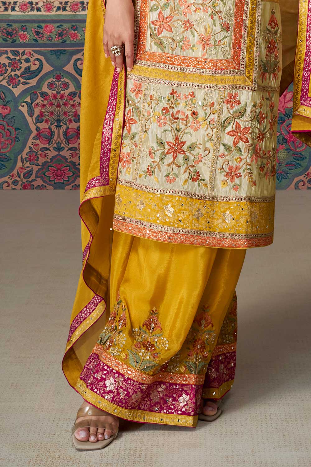 Vartika Singh Yellow Color Art Silk Fabric Chic Palazzo Suit