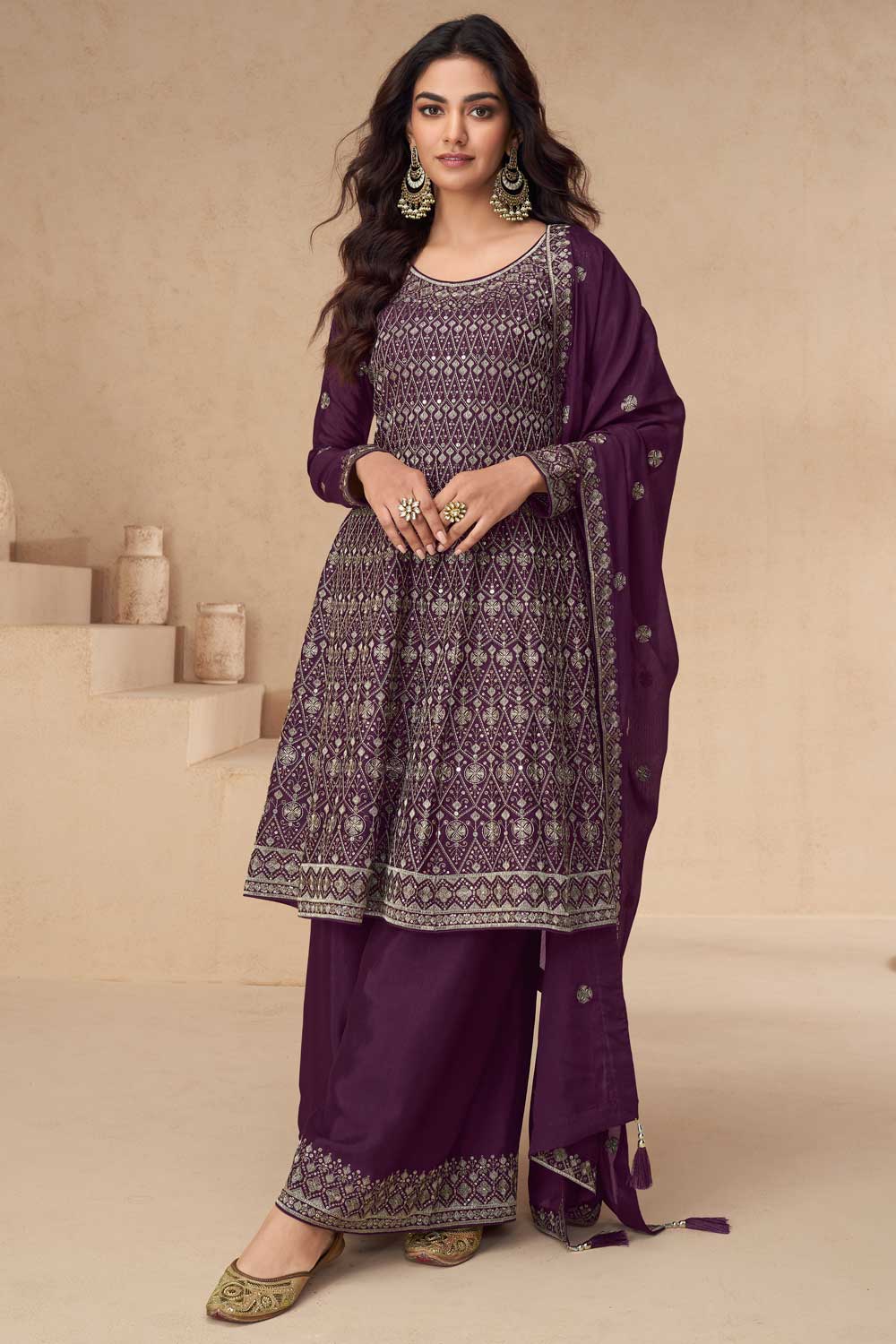 Chinon Silk Fabric Purple Color Attractive Palazzo Suit