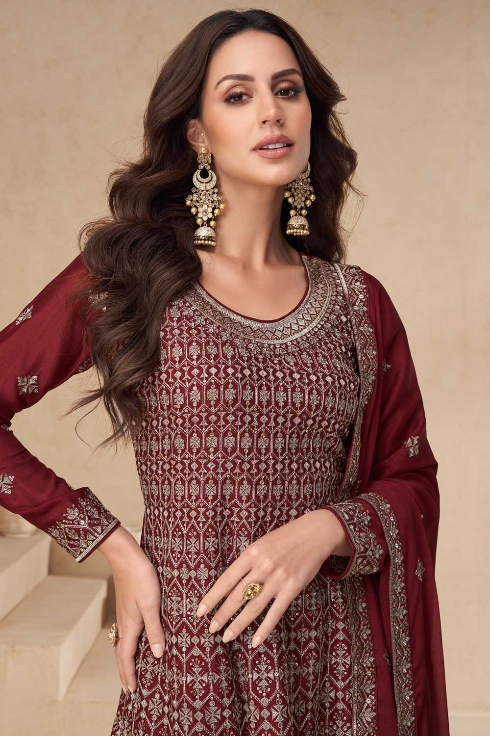 Maroon Color Chinon Silk Fabric Beautiful Palazzo Suit